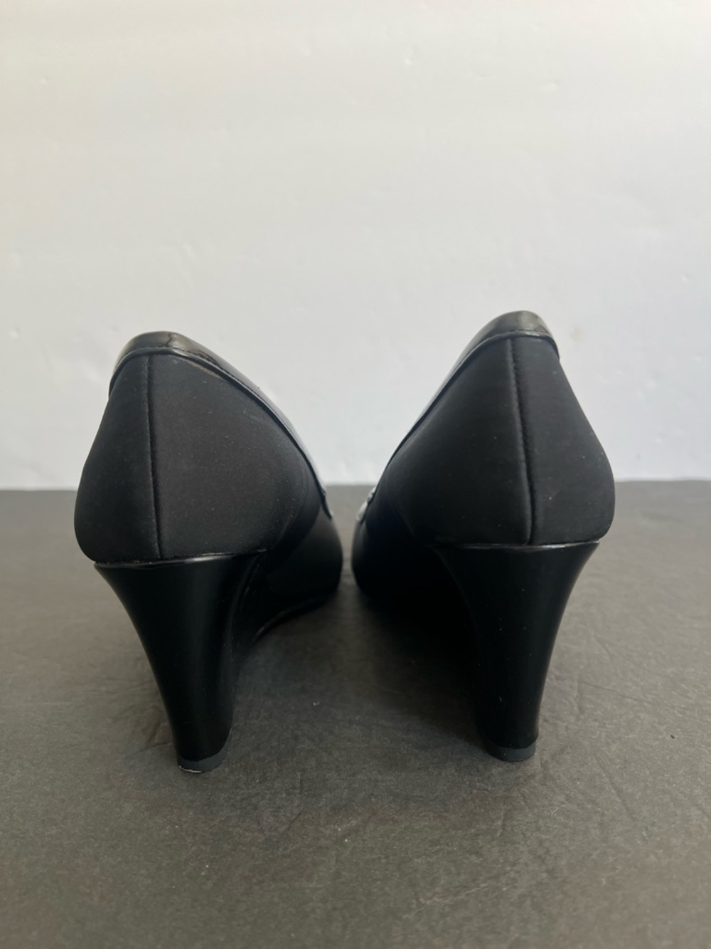 Bandolino Black Satin Peep Toe Wedges, 7.5 - Picture 5 of 7